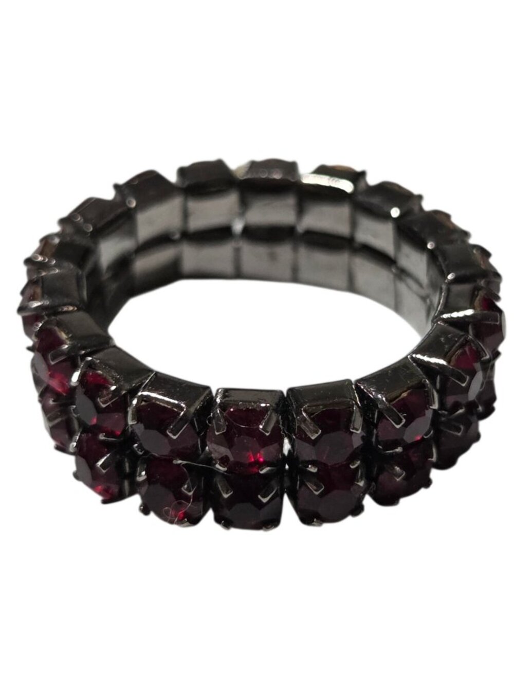Elegant Red Rhinestone Ring Double Row Stretch Dark Metal Band Adjustable Fit
